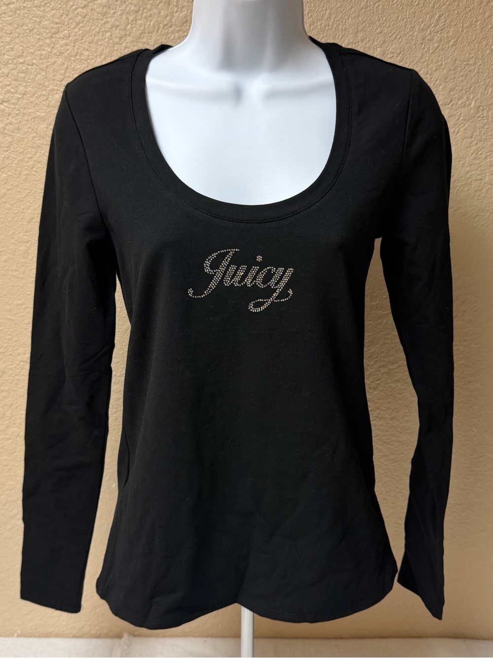 4/$20 Juicy Couture Black Long Sleeve Scoop Neck Top with Rhinestone Logo